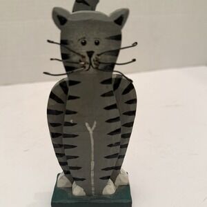 Vintage Wooden Gray and Black Striped Cat Figurine 6" Tall‎